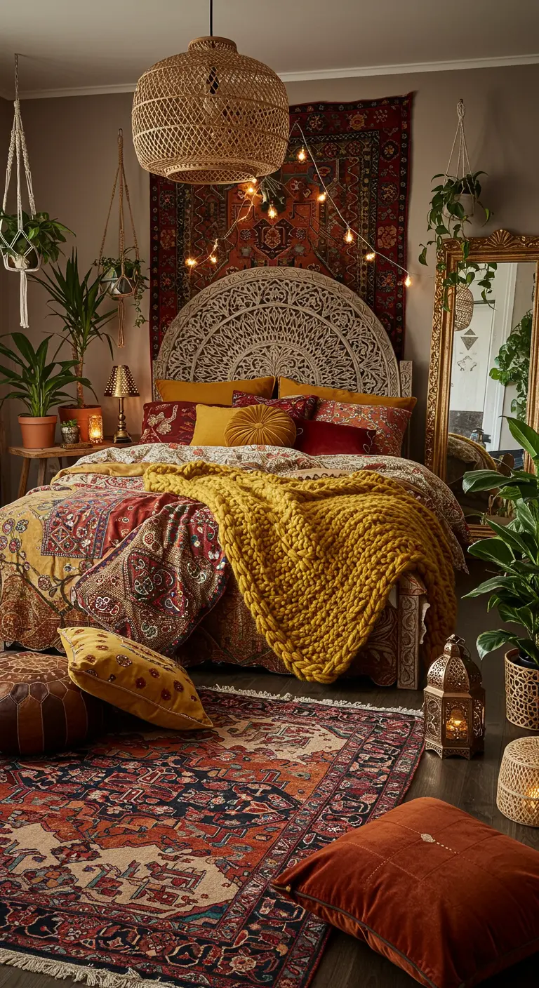 Bohemian slaapkamer met rijk textiel, patronen en planten.