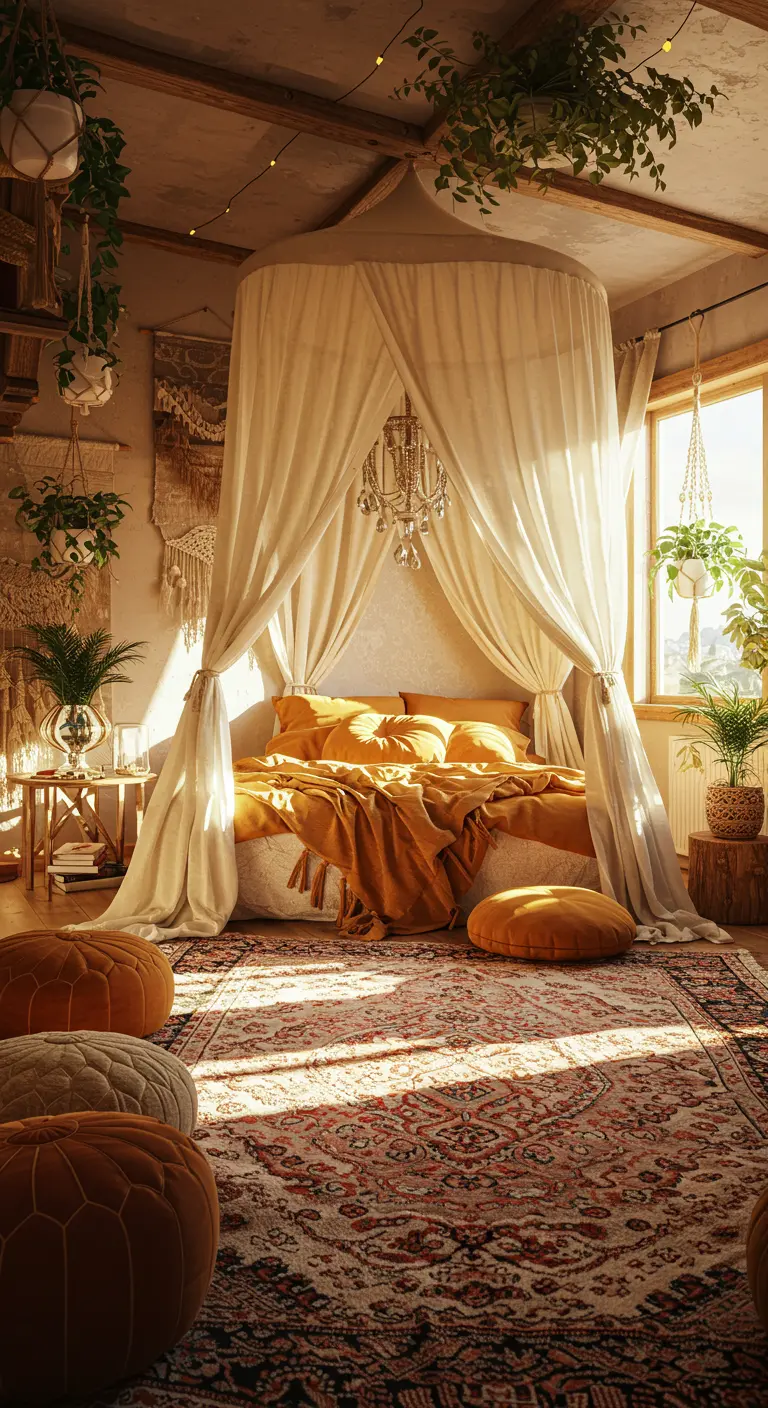 Bohemian slaapkamer met hemelbed, veel planten en warme kleuren.
