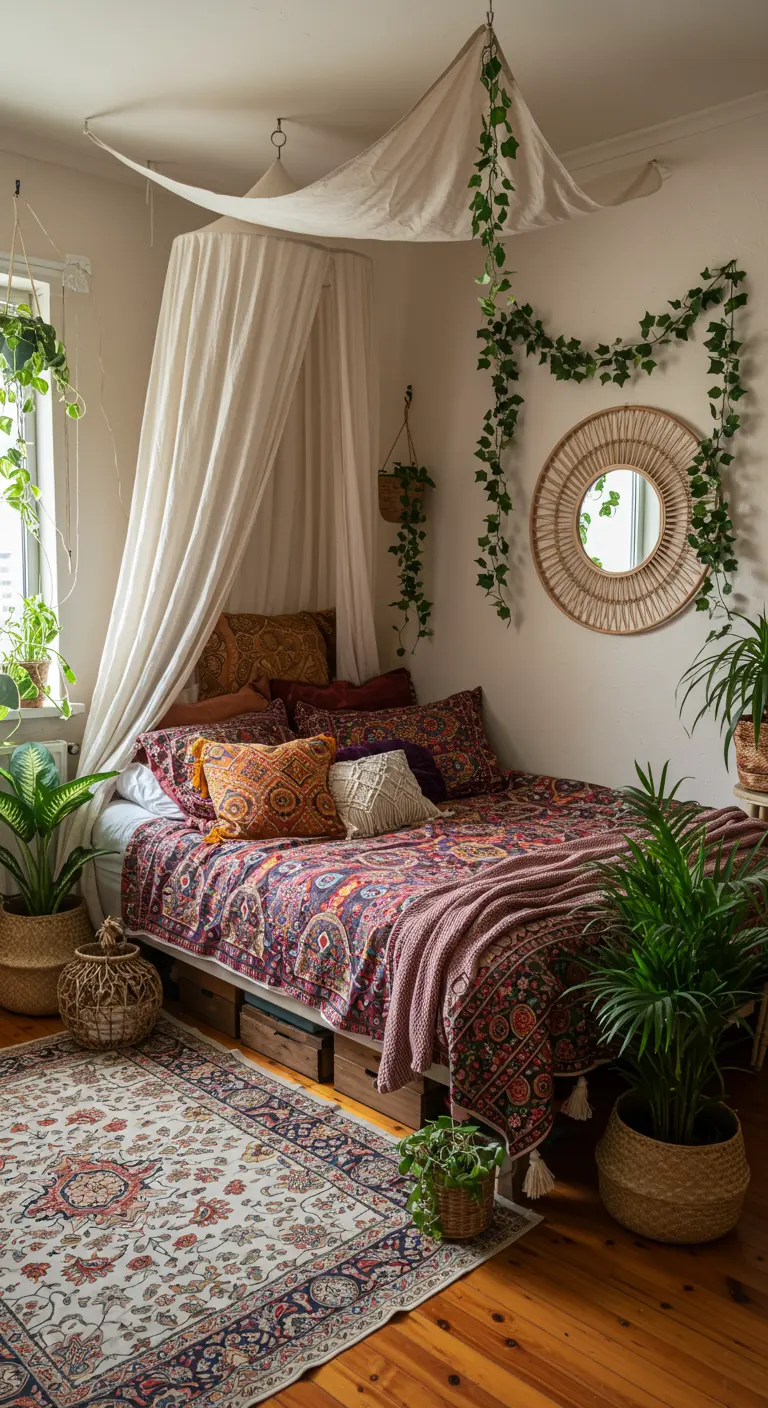 Bohemian slaapkamer met gedrapeerde doeken boven het bed en veel planten.