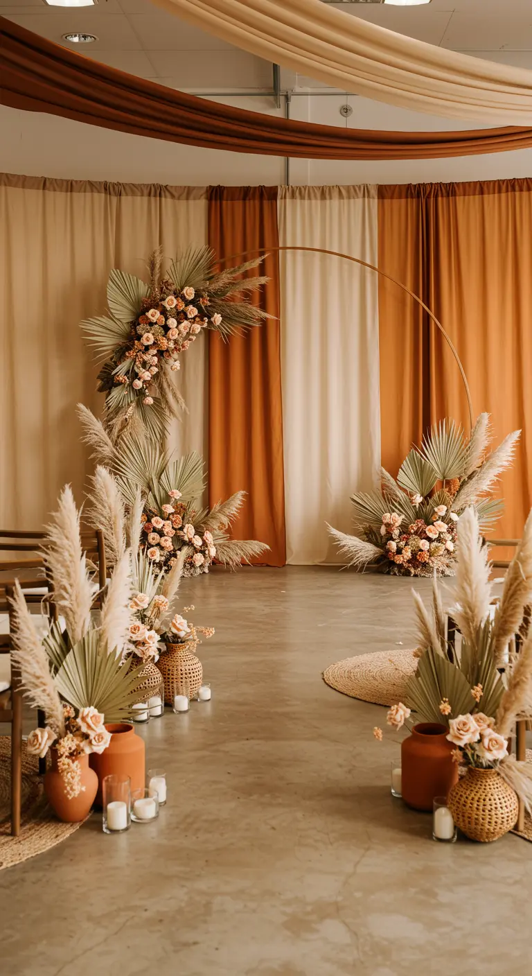 Boho ceremonie-opstelling met ronde boog, pampasgras en aardetinten.