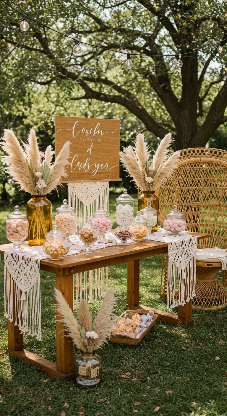 Boho candy bar buiten met pampasgras, macramé, houten tafel en snoeppotten.