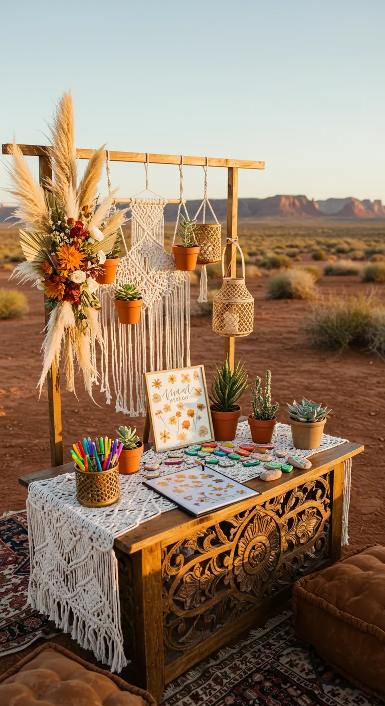 Bohemian gastenboeksetting in de woestijn met macramé, droogbloemen en kussens.