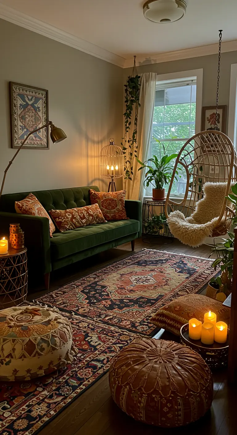 Bohemian woonkamer met groene fluwelen bank, kleurrijk tapijt, hangstoel en veel planten.