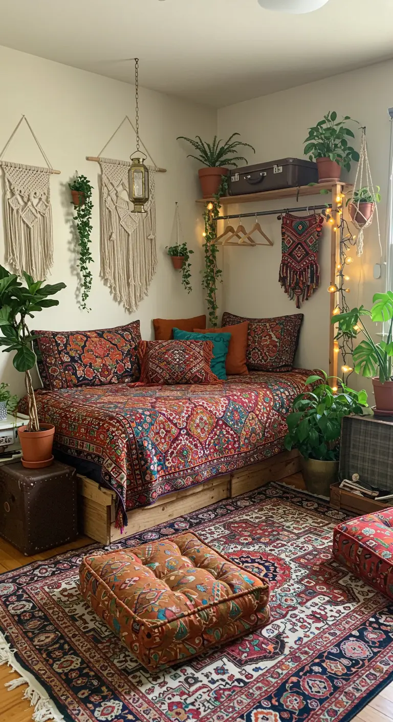 Bohemian logeerkamer met kleurrijk beddengoed, veel planten en macramé wanddecoratie.