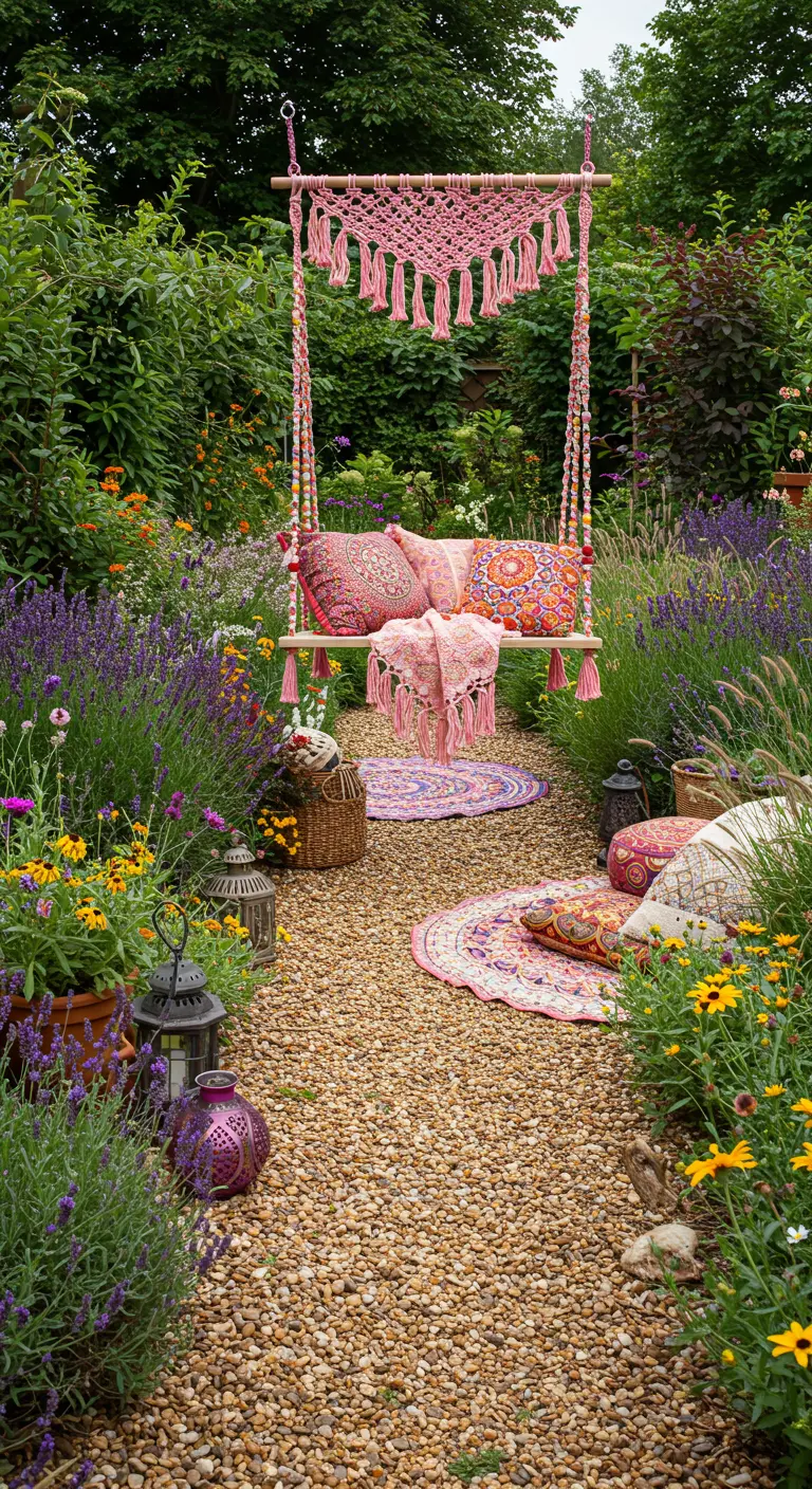 Boho schommelbank met macramé, kleurrijke kussens, omringd door bloemen, kleden en lantaarns.