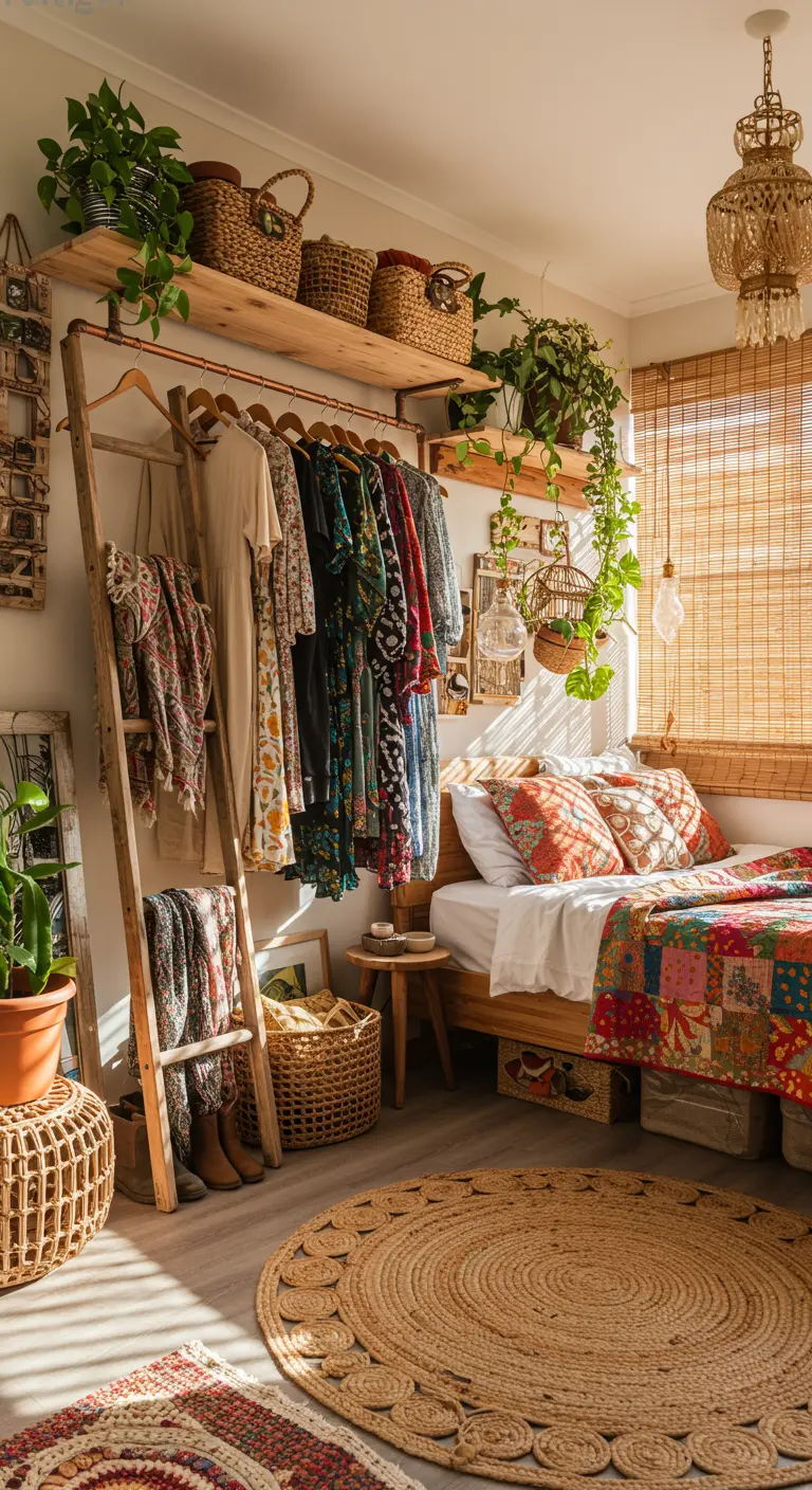 Bohemian slaapkamer met koperen kledingrek, kleurrijke kleding, planten en jute vloerkleed.