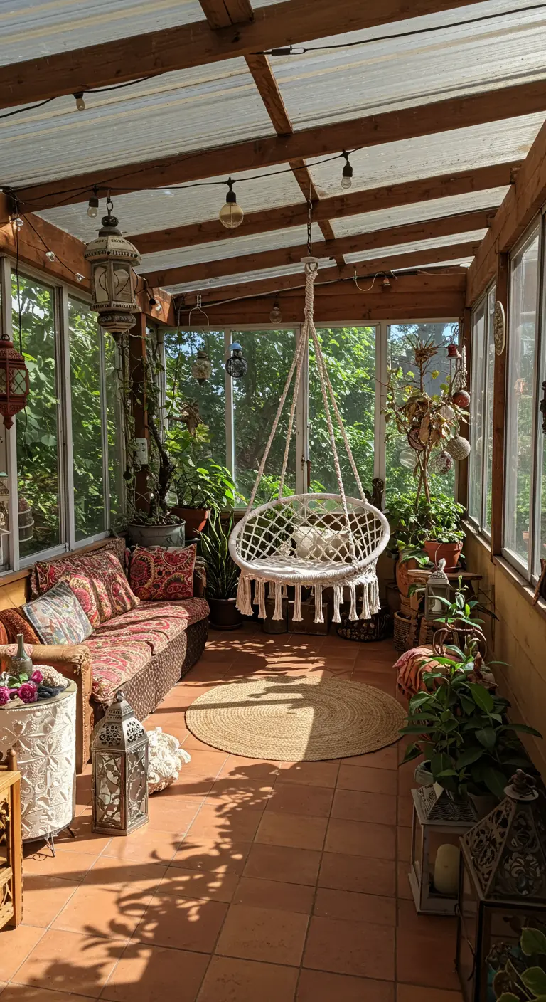 Macramé hangstoel in een lichte veranda vol planten en boho decoratie.
