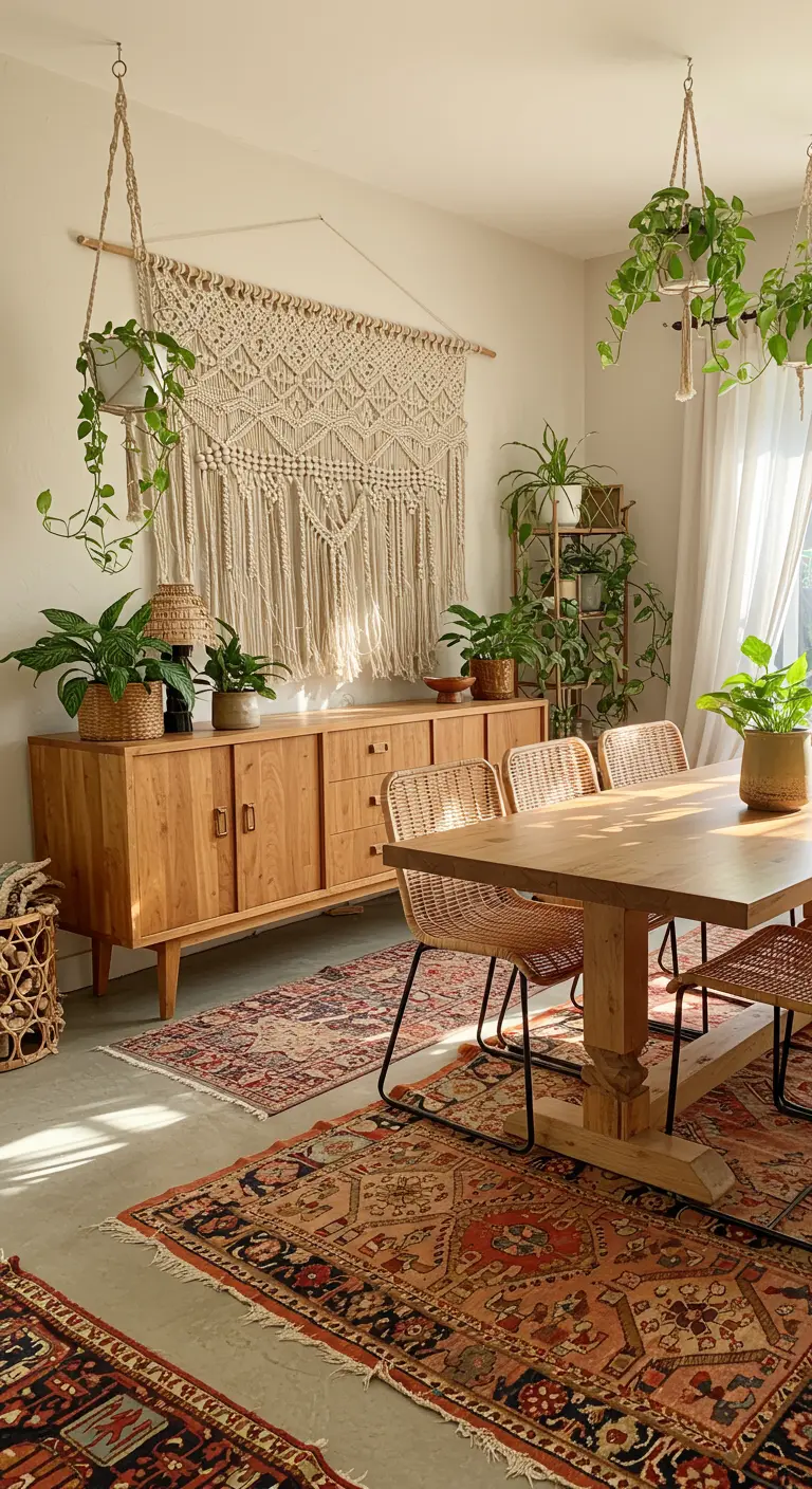 Bohemian eethoek met groot macramé wandkleed, houten meubels en gelaagde Perzische tapijten.