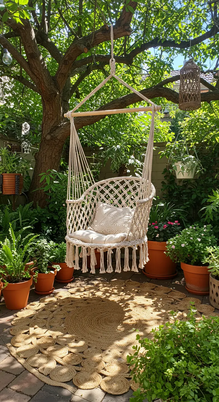 Witte macramé hangstoel met kussen, hangend aan een boom in een groene tuin.