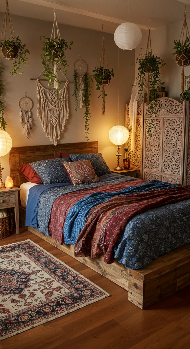 Bohemian slaapkamer met veel hangplanten, macramé, en kleurrijk beddengoed.