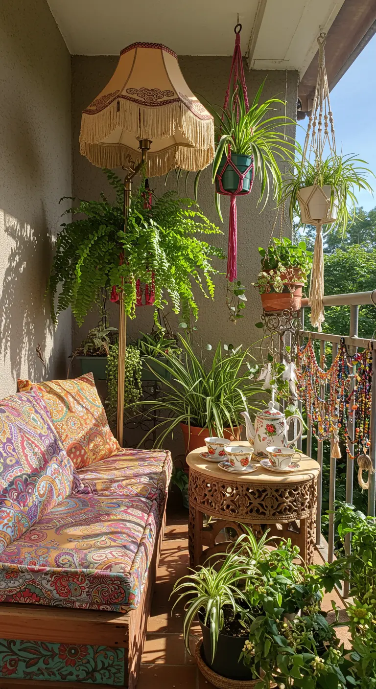 Boho-geïnspireerd balkon met kleurrijke bank, planten, franje lamp en kralen.