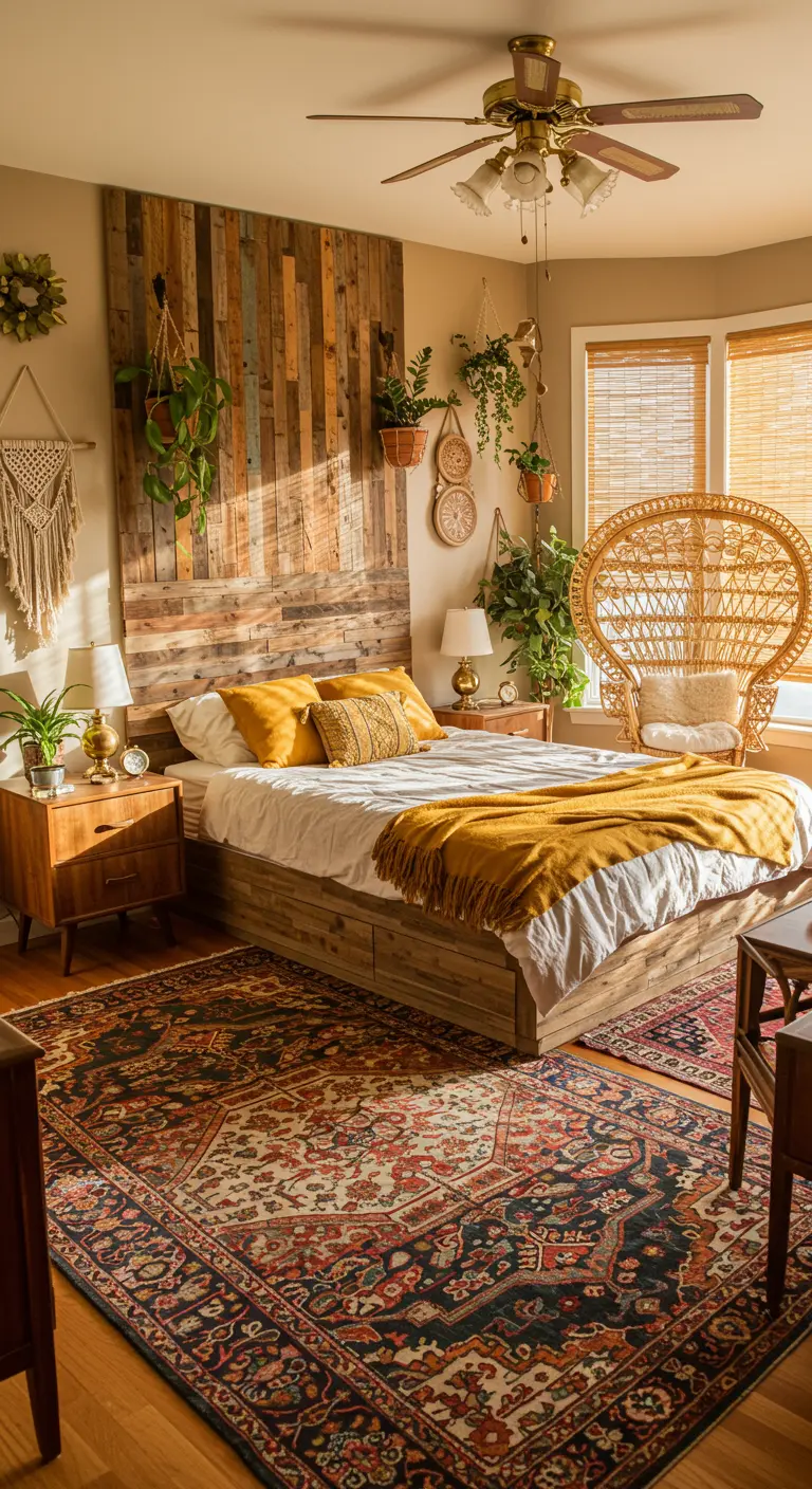 Wand van gerecyclede houten planken in verschillende tinten in een boho slaapkamer.