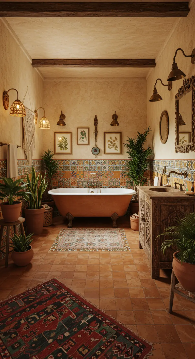 Bohemian badkamer met terracotta bad, planten en rotan wandlampen.