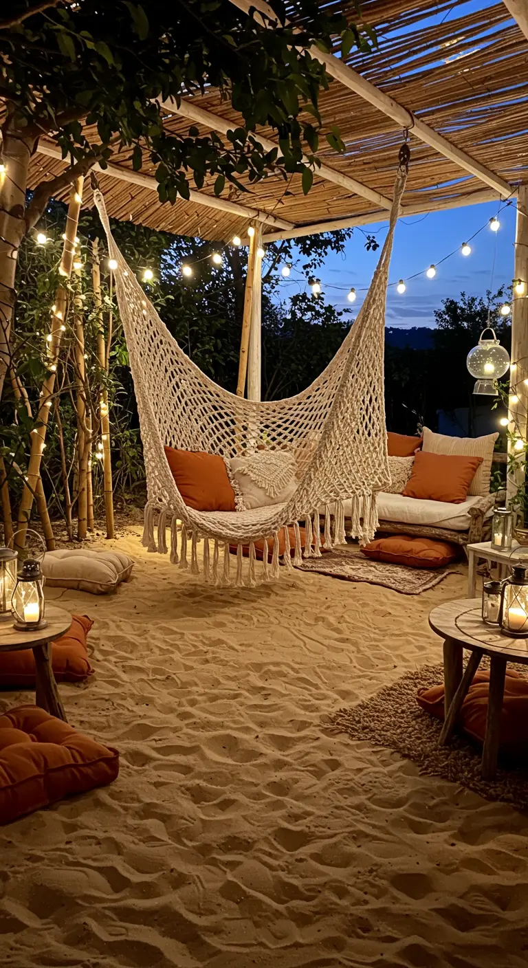 Macrame hangstoel en zachte kussens op zand, verlicht met sfeervolle lichtslingers en lantaarns.