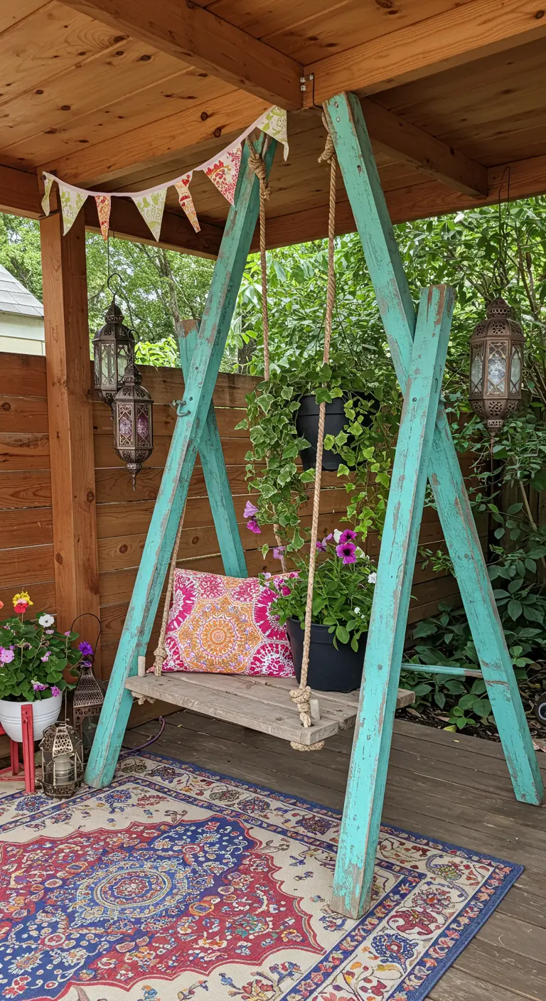 Turquoise A-frame schommel met kleurrijk kussen, lantaarns, vlaggetjes en Perzisch tapijt.