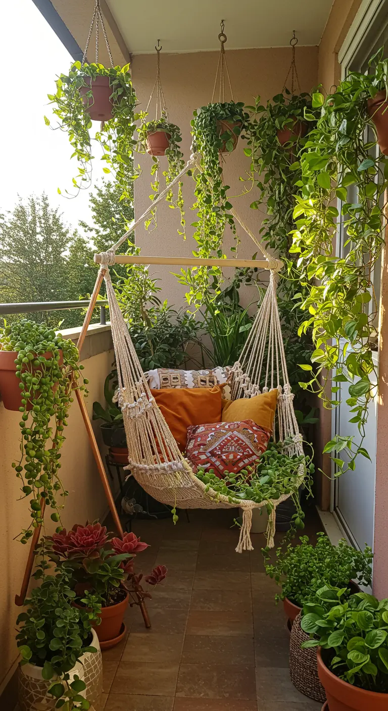 Macramé hangstoel in een A-frame van koperkleurig metaal, omringd door veel hangplanten op balkon.