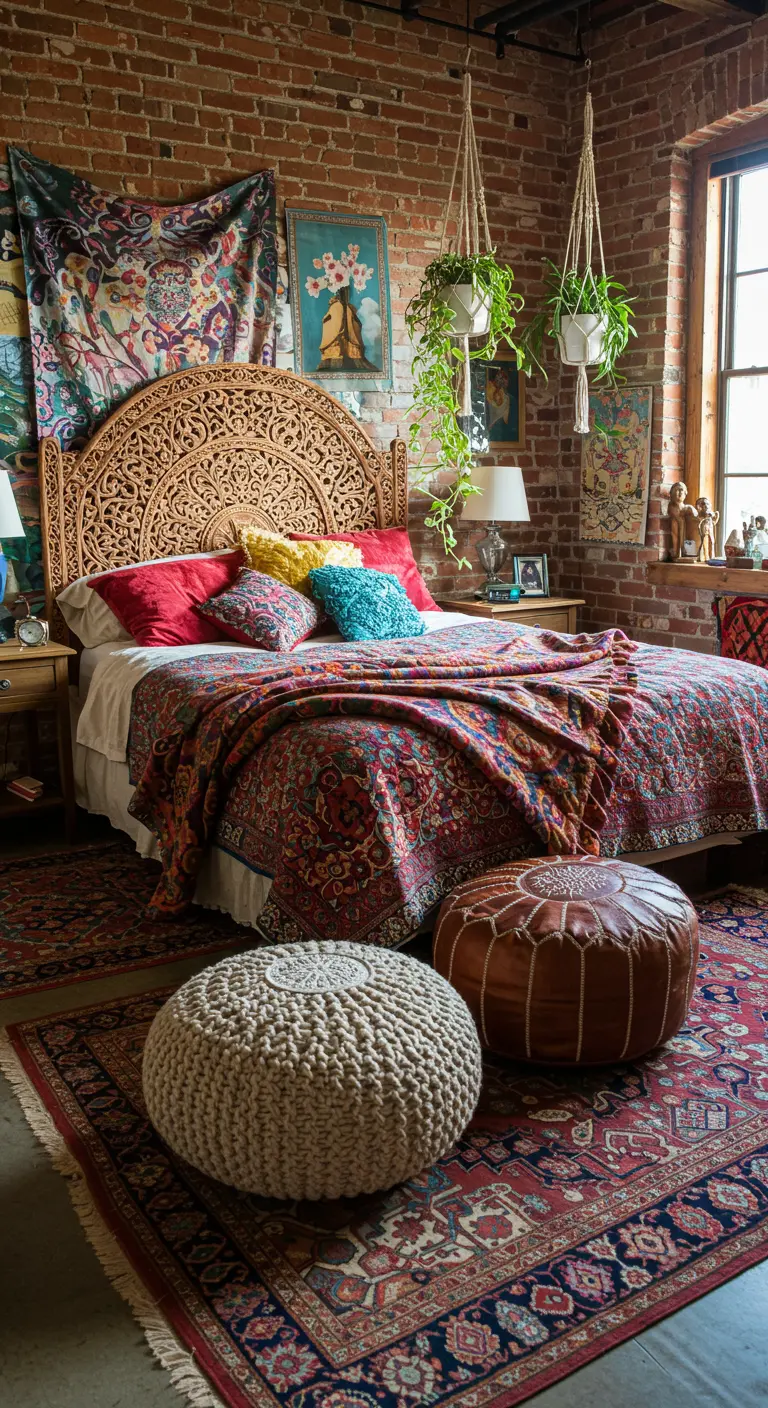 Bohemian slaapkamer met bakstenen muur, kleurrijk beddengoed en twee poefs aan voeteneind.