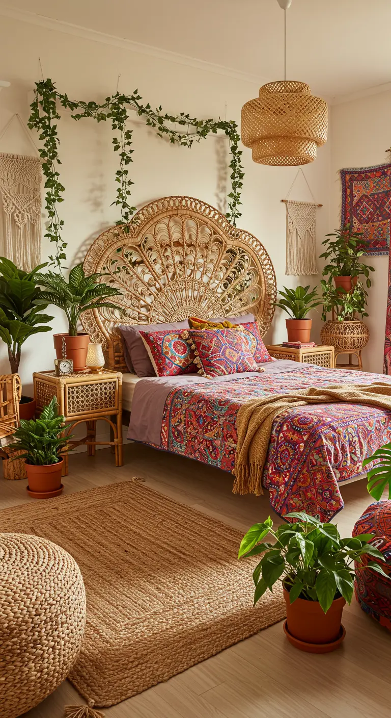 Bohemian slaapkamer met rotan hoofdbord, planten en kleurrijk textiel.