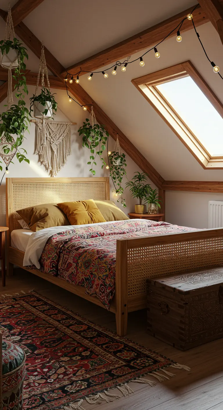Houten bedframe met rotan hoofdbord in een lichte zolderkamer met planten en lichtslingers.