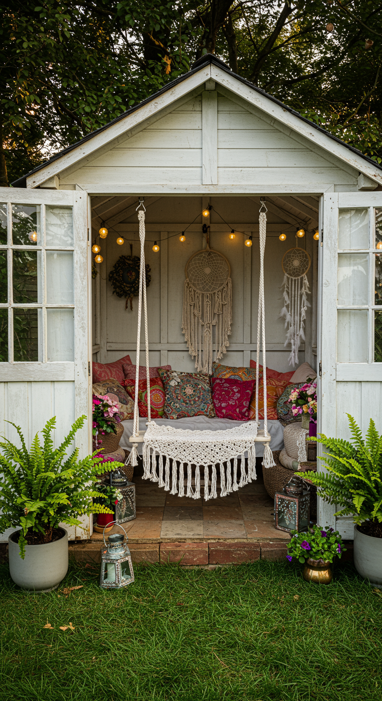 Wit tuinhuis met open deuren, boho schommelbank, lichtslinger en planten.