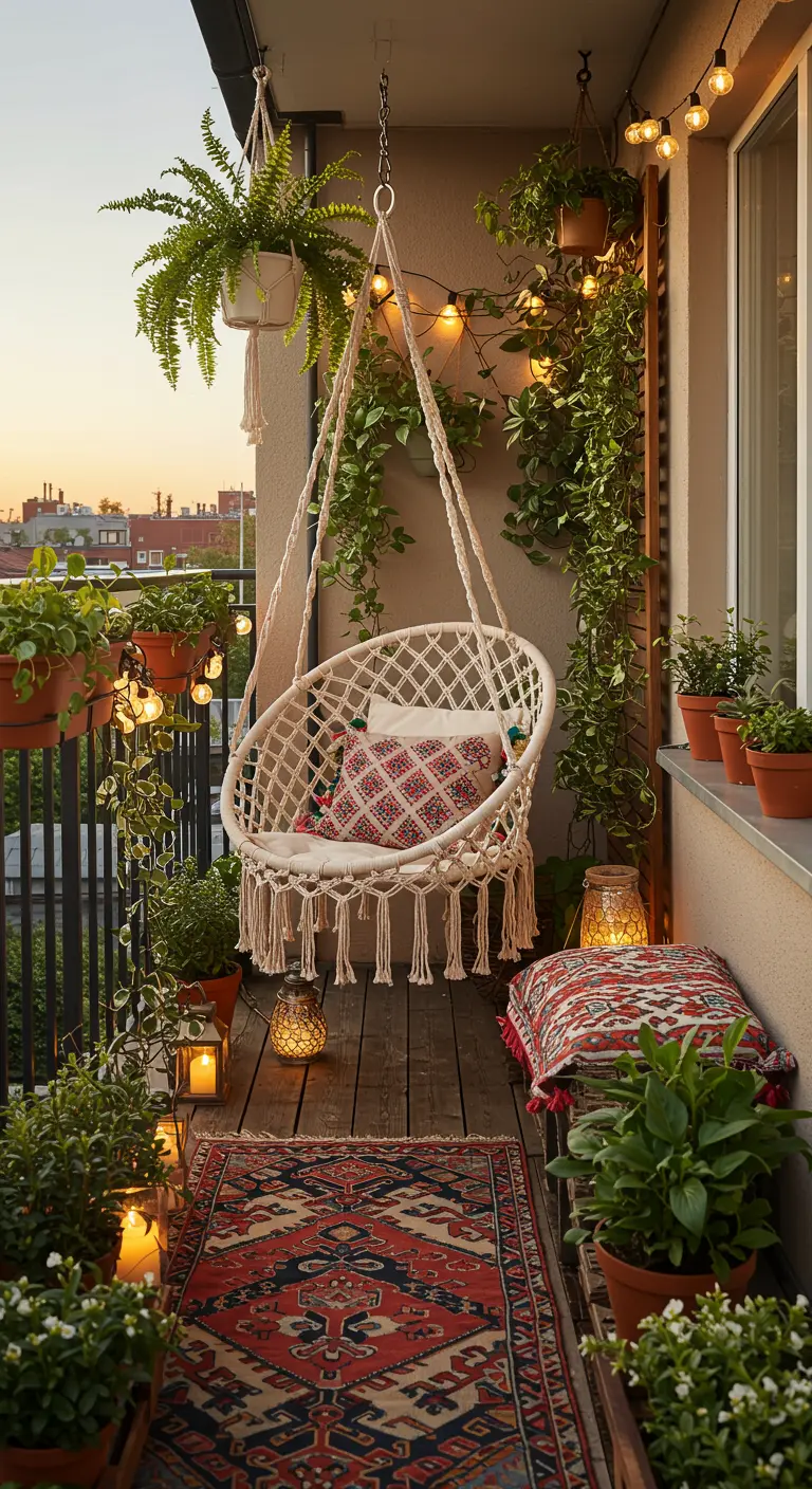 Bohemian balkon met macramé hangstoel, planten en lichtslingers bij zonsondergang.