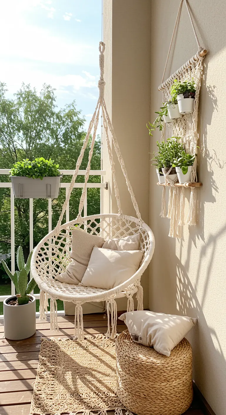 Witte macramé hangstoel op balkon met macramé plantenhanger en boho accessoires.
