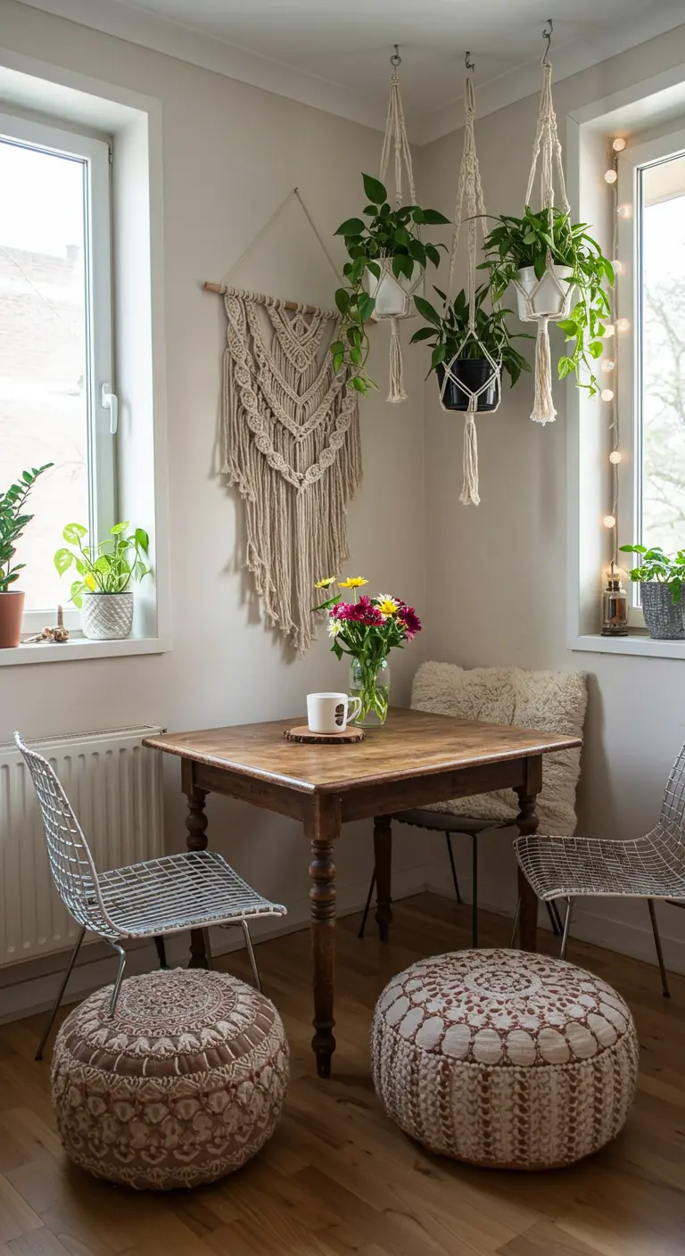 Boho-geïnspireerde eethoek met houten tafel, zachte poefs, macramé wandhanger en hangplanten.