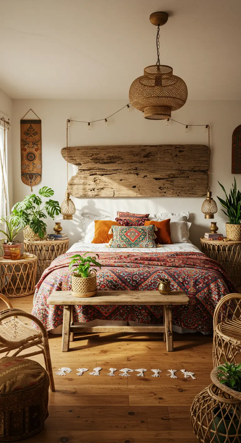 Bohemian slaapkamer met een ruw houten hoofdbord, rotan meubels en veel planten.