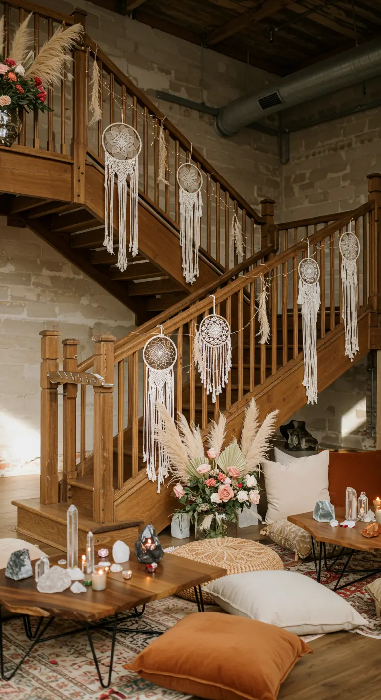Houten trap versierd met macramé dromenvangers, pampasgras en bohemian decoratie.