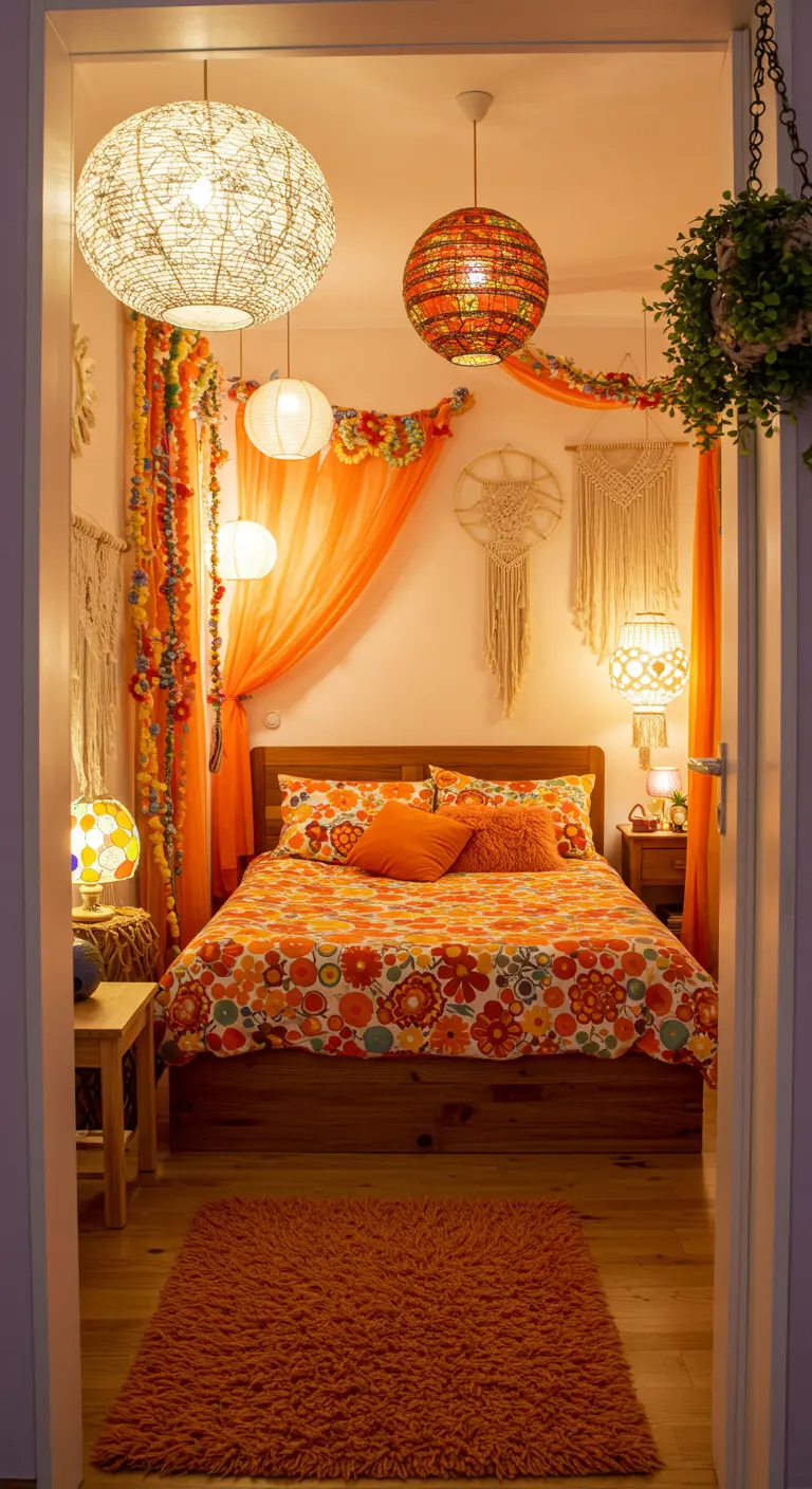Kleurrijke bohemian slaapkamer met oranje gedrapeerde stoffen, lichtslingers en macramé.