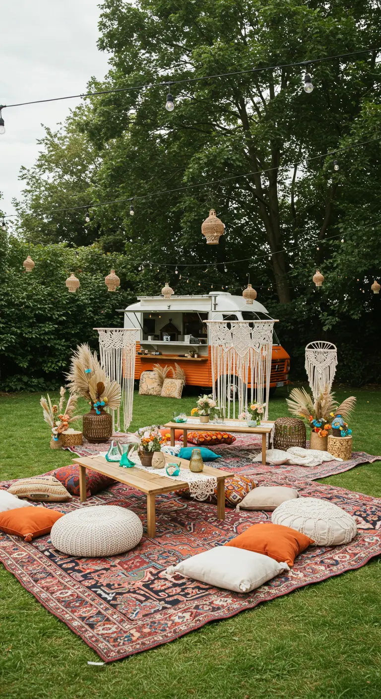 Bohemian tuinfeest met tapijten, kussens, lage tafels, macramé en een foodtruck.