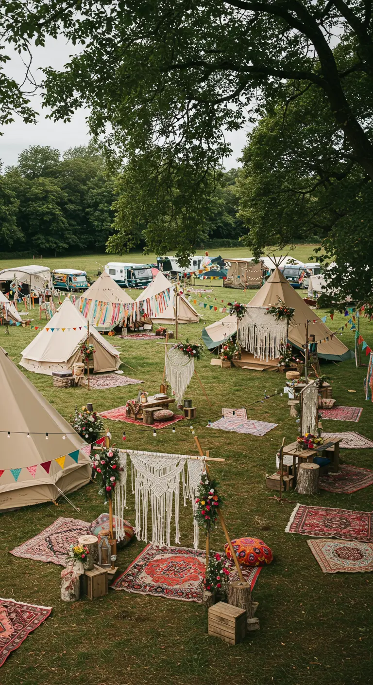 Festival bruiloft met tipitenten, tapijten, macramé, bloemen en lichtslingers op grasveld.