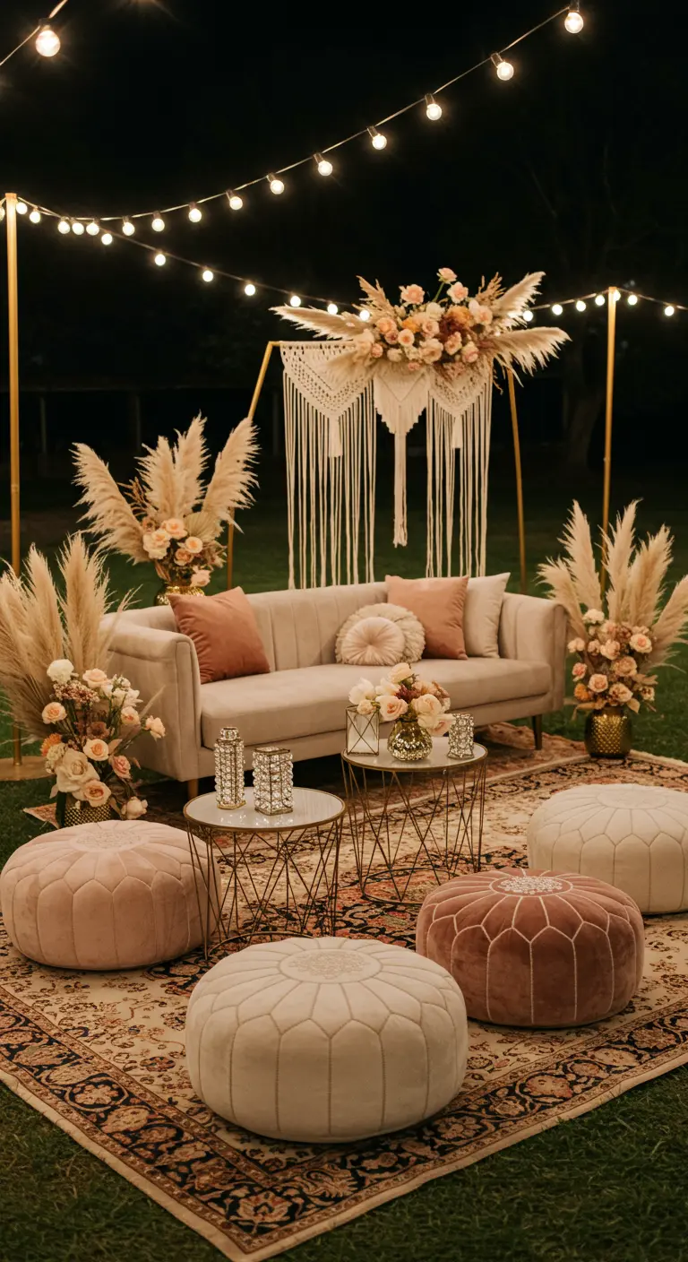 Boho glamour lounge met beige bank, roze poefs, gouden tafels, macramé en pampasgras.