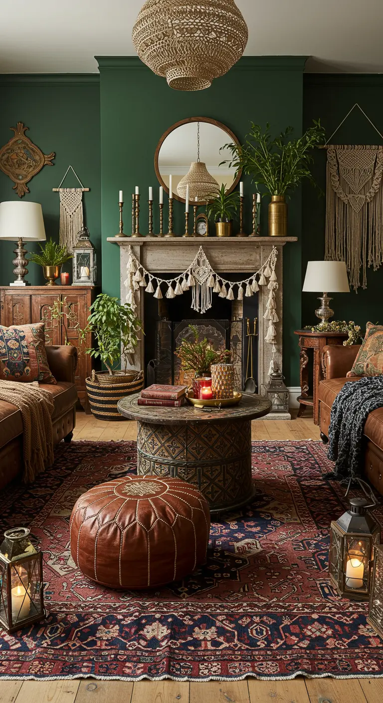Bohemian woonkamer met donkergroene muren, Perzisch tapijt en gouden kandelaars op de schouw.