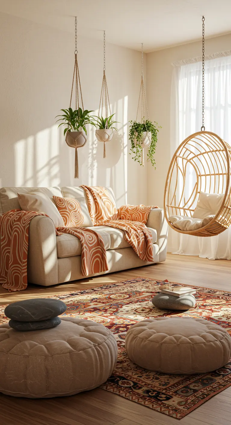 Boho woonkamer met ronde rotan hangstoel, ronde poefs en macramé plantenhangers.