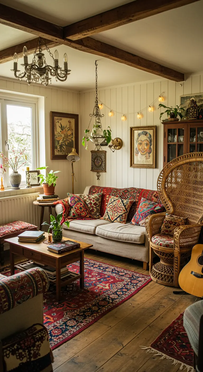 Bohemian woonkamer met rotan pauwenstoel, kleurrijke kussens en tapijten, en lichtslingers.