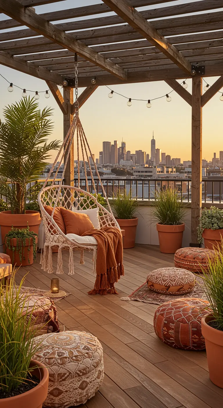 Dakterras met boho macramé hangstoel, terracotta potten, lichtslingers, kussens en stadsskyline bij zonsondergang.
