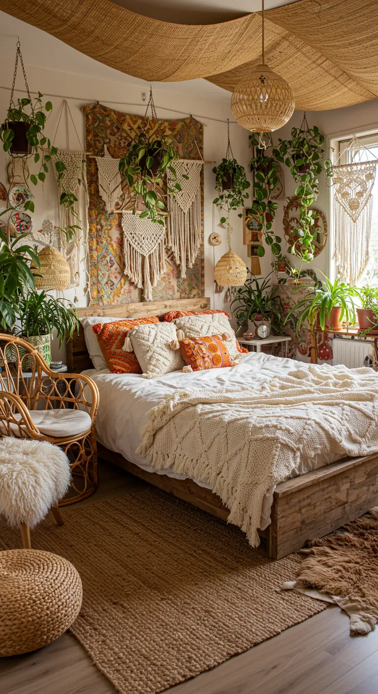 Boho slaapkamer met houten bed, veel planten, macramé en gebreid plaid.