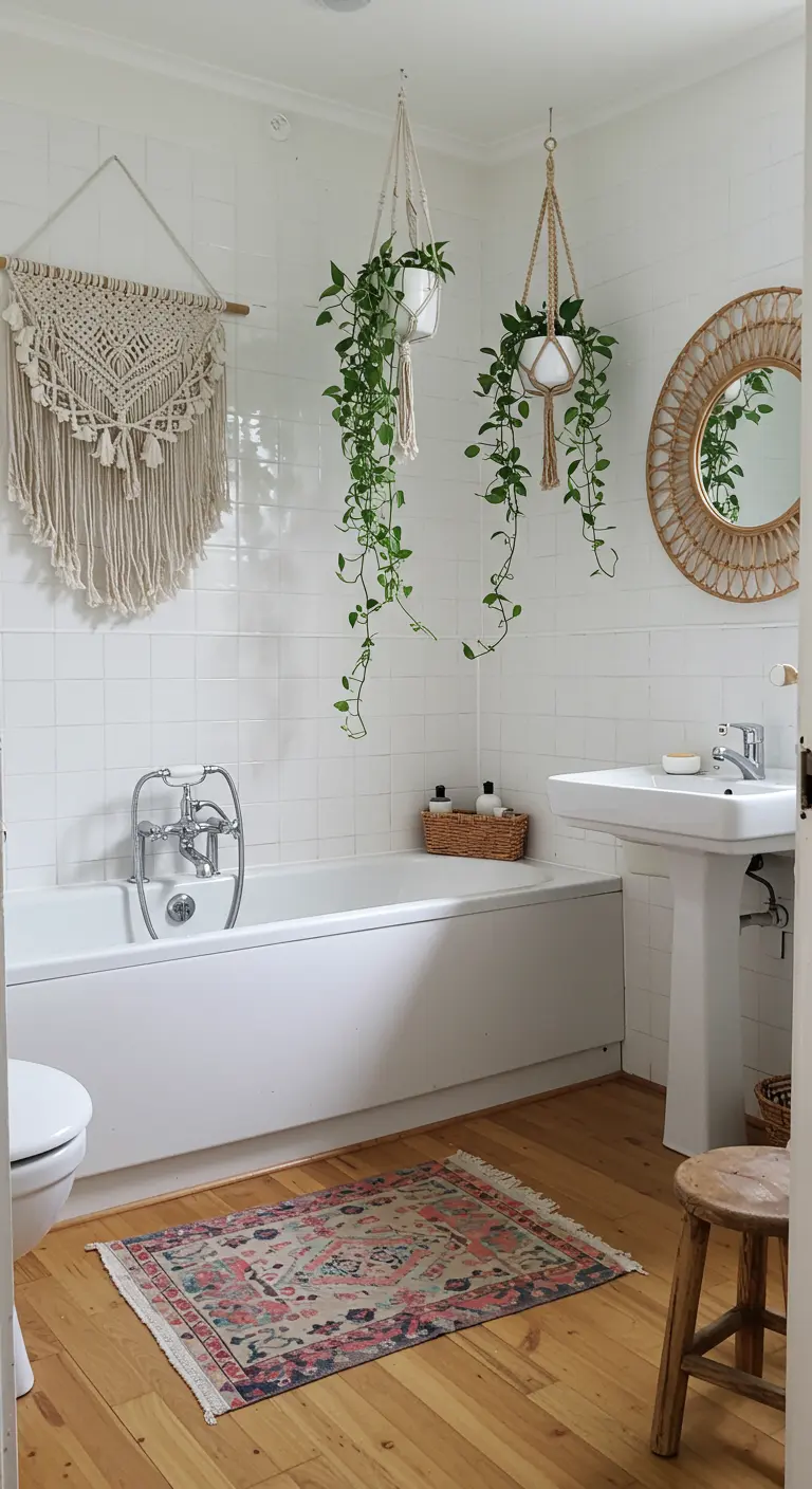Lichte badkamer met houten vloer, macramé wandhanger en hangplanten.