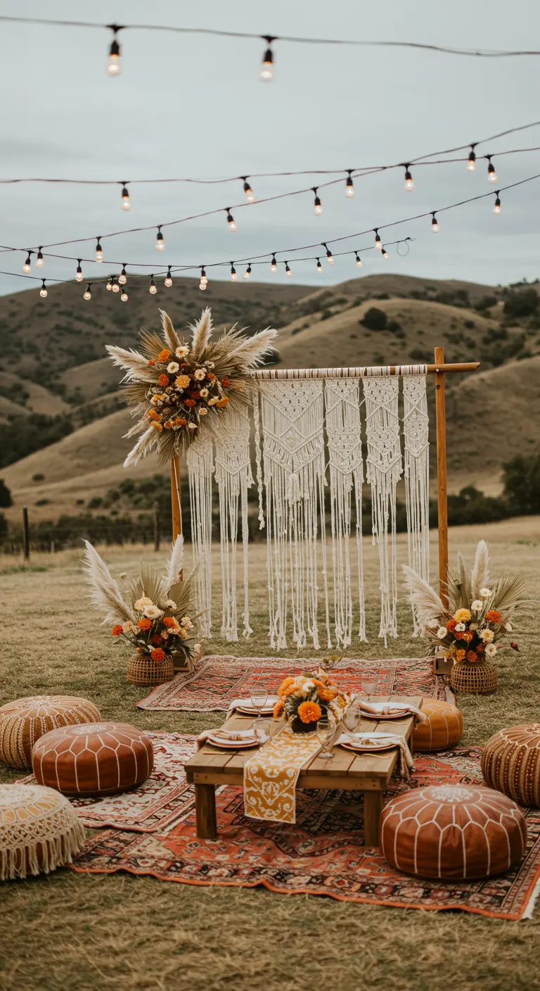 Bohemian loungehoek buiten met lage tafel, poefs, macramé backdrop en bloemen.