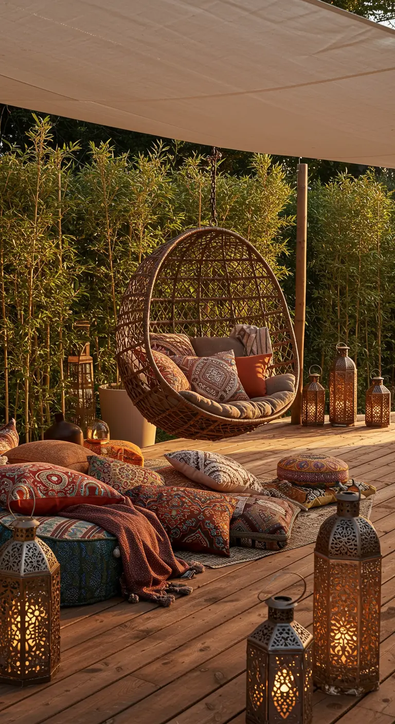 Rotan hangstoel met veel kleurrijke kussens op houten terras met bamboe.