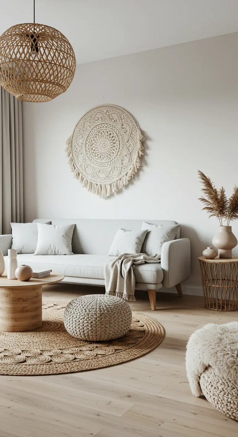Lichte boho woonkamer met macrame wandkleed, ronde jute vloerkleed en houten meubels.