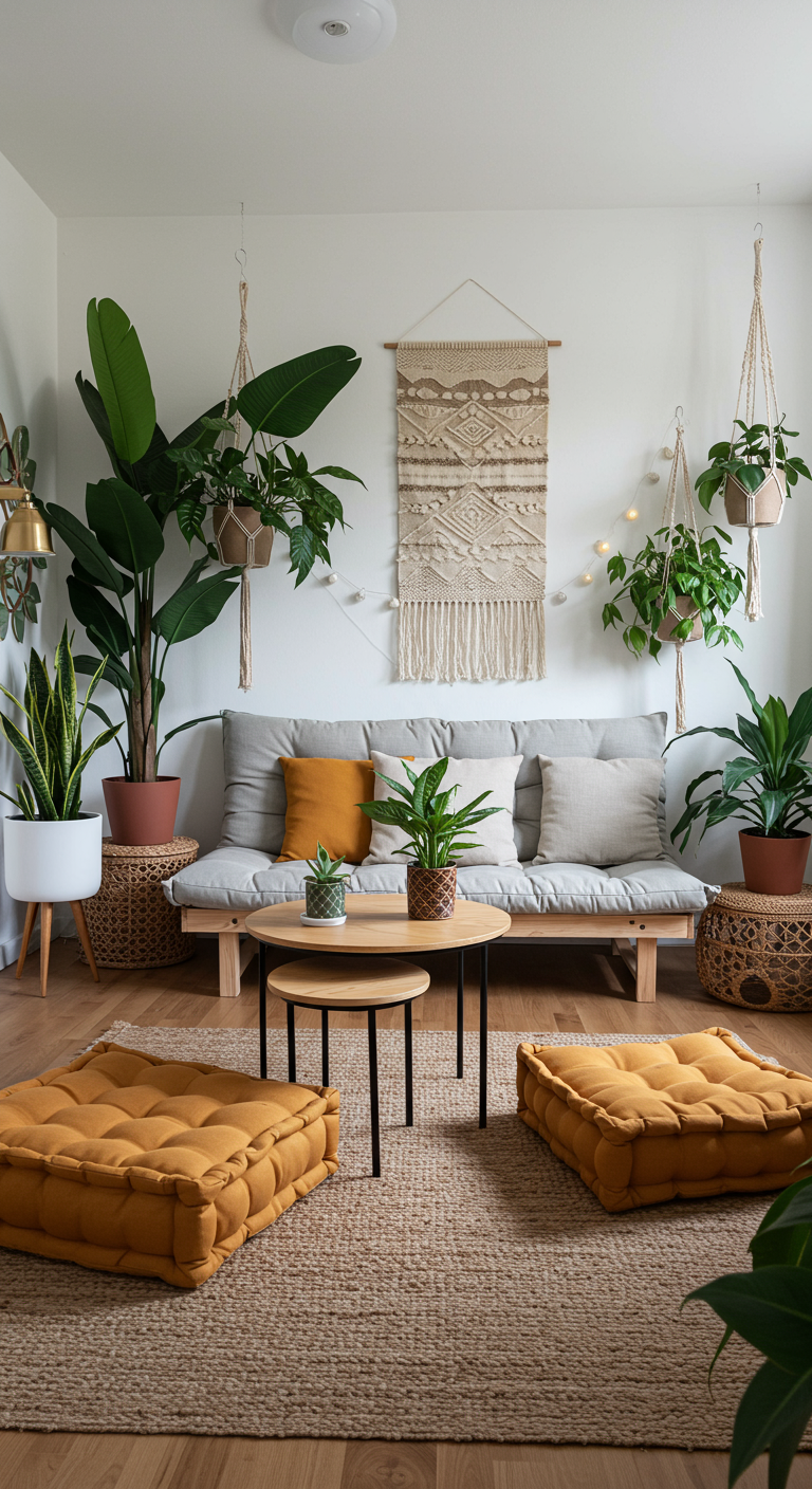 Boho-minimalistische woonkamer met futonbank, macramé en veel planten.