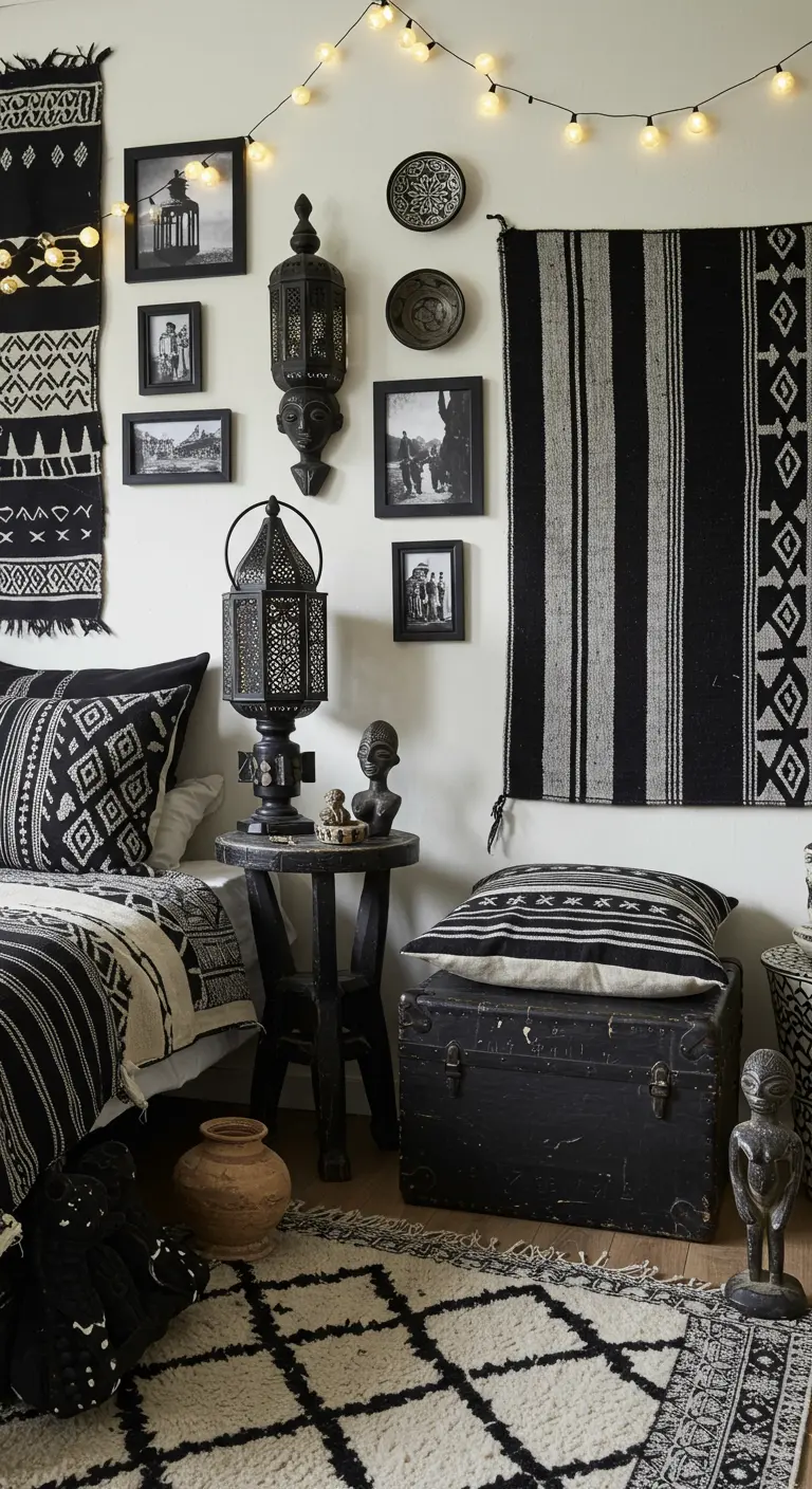 Bohemian slaapkamer met zwart-wit textiel, lantaarns en donkerhouten meubels.