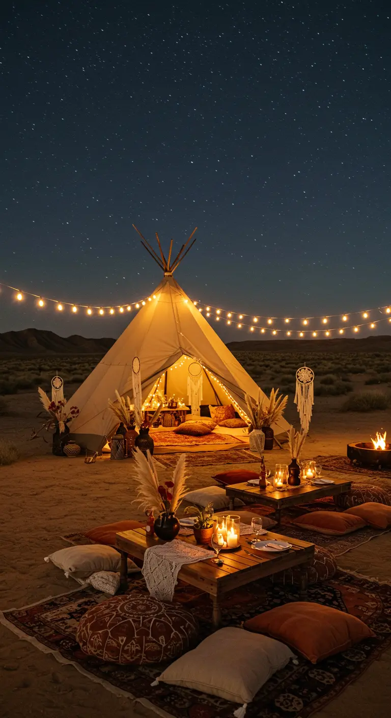 Bohemian feestdecoratie met tipi tent, lage tafels, vloerkussens en lichtslingers in de woestijn.