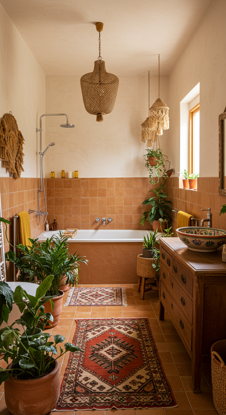 Bohemian badkamer met veel planten, terracotta tegels en kelims.