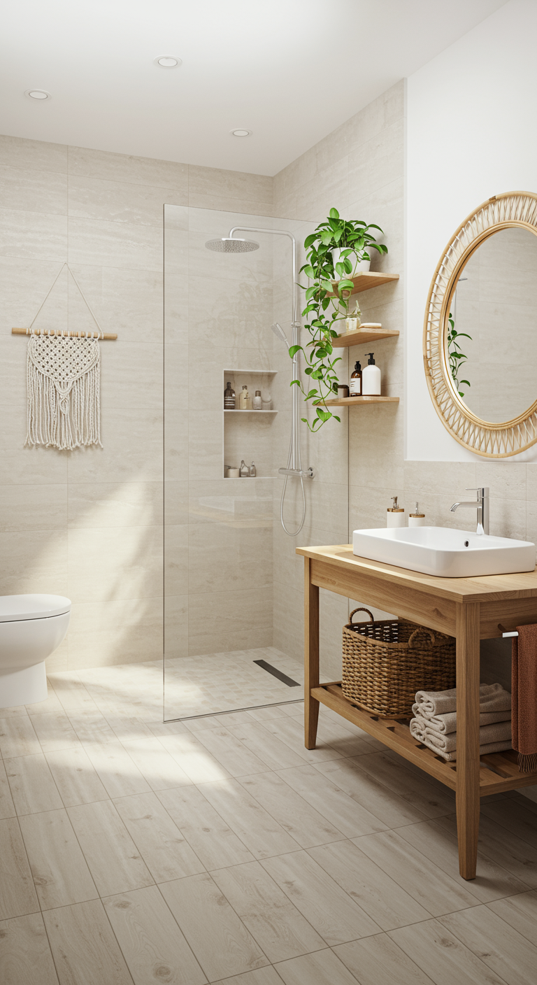 Lichte badkamer met houten meubel, rotan spiegel, macramé en planten.