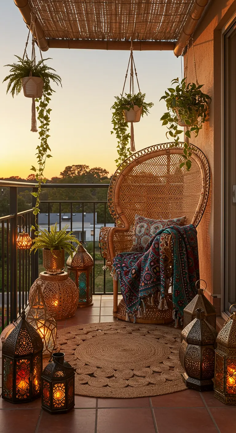 Grote rieten peacock stoel op balkon met jute kleed, hangplanten en Marokkaanse lantaarns.