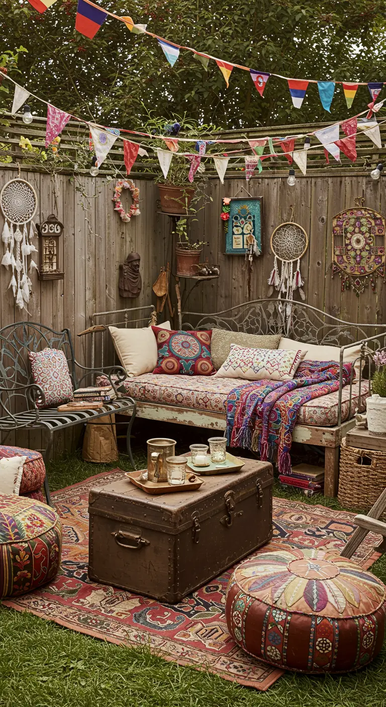 Bohemian achtertuin met daybed, dromenvangers, vlaggen en kleurrijke vloerkleden.