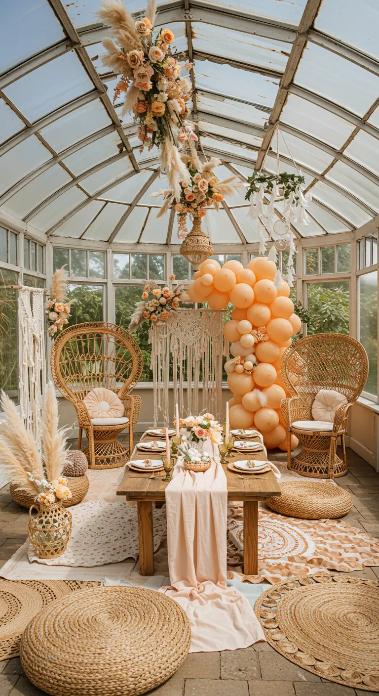 Boho babyshower in serre met perzik ballonnen, pampasgras en rotan meubilair.